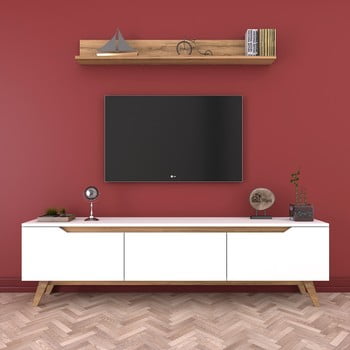 Set comodă tv cu 3 uși rabatabile și etajeră de perete rani white, alb-natural