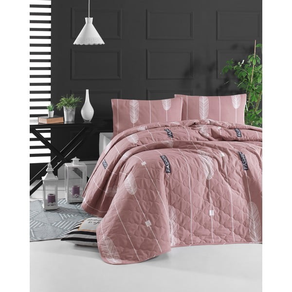 Růžový přehoz přes postel se 2 povlaky na polštář z ranforce bavlny EnLora Home Modena, 225 x 240 cm
