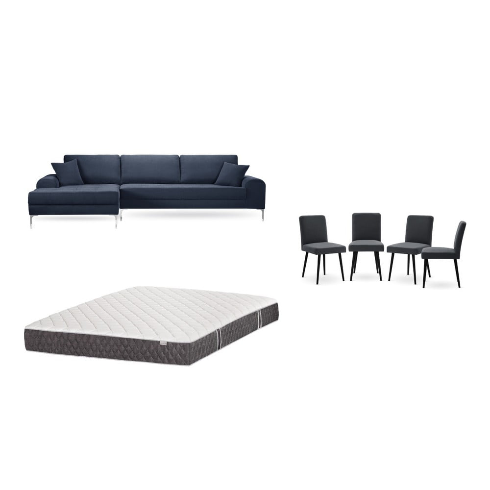 Set tmavě modré pohovky s lenoškou vlevo, 4 antracitově šedých židlí a matrace 160 x 200 cm Home Essentials