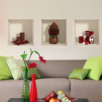 Set 3 autocolantede crăciun cu efect 3d ambiance red candles and christmas tree.