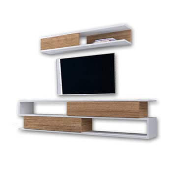 Set comodă tv și raft de perete în decor de lemn de nuc manyetik, alb