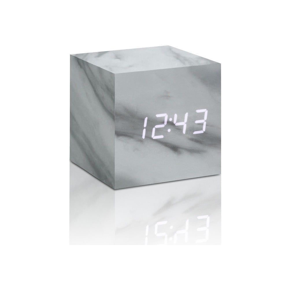Šedý budík v mramorovém dekoru s bílým LED displejem Gingko Cube Click Clock