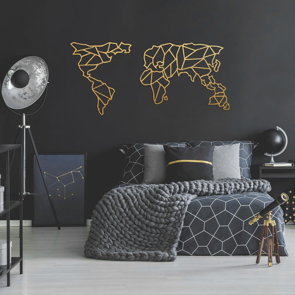 Kovová nástěnná dekorace ve zlaté barvě Geometric World Map, 120 x 58 cm