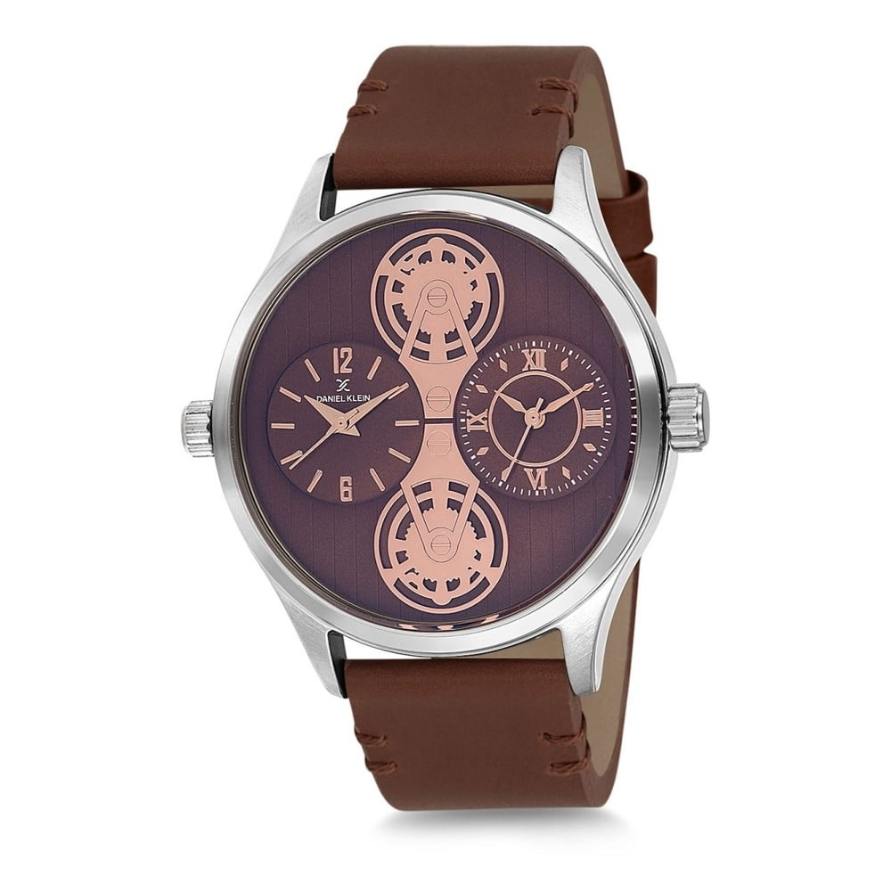 Pánské hodinky s hnědým koženým řemínkem a fialovým ciferníkem Daniel Klein