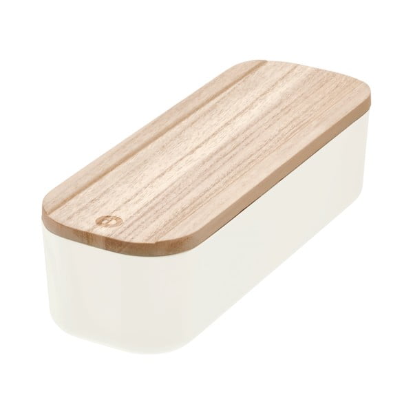 Bílý úložný box s víkem ze dřeva paulownia iDesign Eco, 9 x 27,5 cm