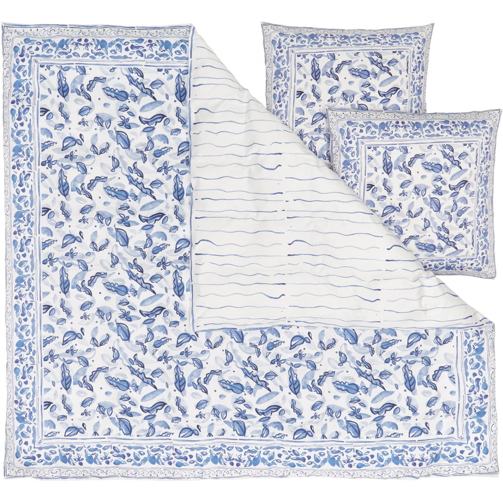 Modro-bílé povlečení na dvoulůžko z bavlněného saténu Westwing Collection, 200 x 200 cm