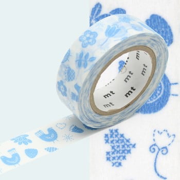 Bandă washi MT Masking Tape Bird Song, albastru - alb