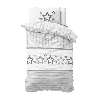Lenjerie de pat din micropercal sleeptime stars, 140 x 220 cm, alb-gri