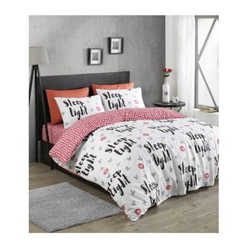 Lenjerie de pat cu cearșaf din bumbac ranforce, pentru pat dublu Mijolnir SleepTight Fuchsia & White, 200 x 220 cm
