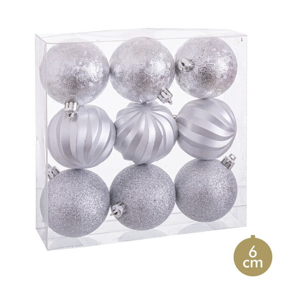 Sada 9 vánočních ozdob ve stříbrné barvě Unimasa, ø 6 cm