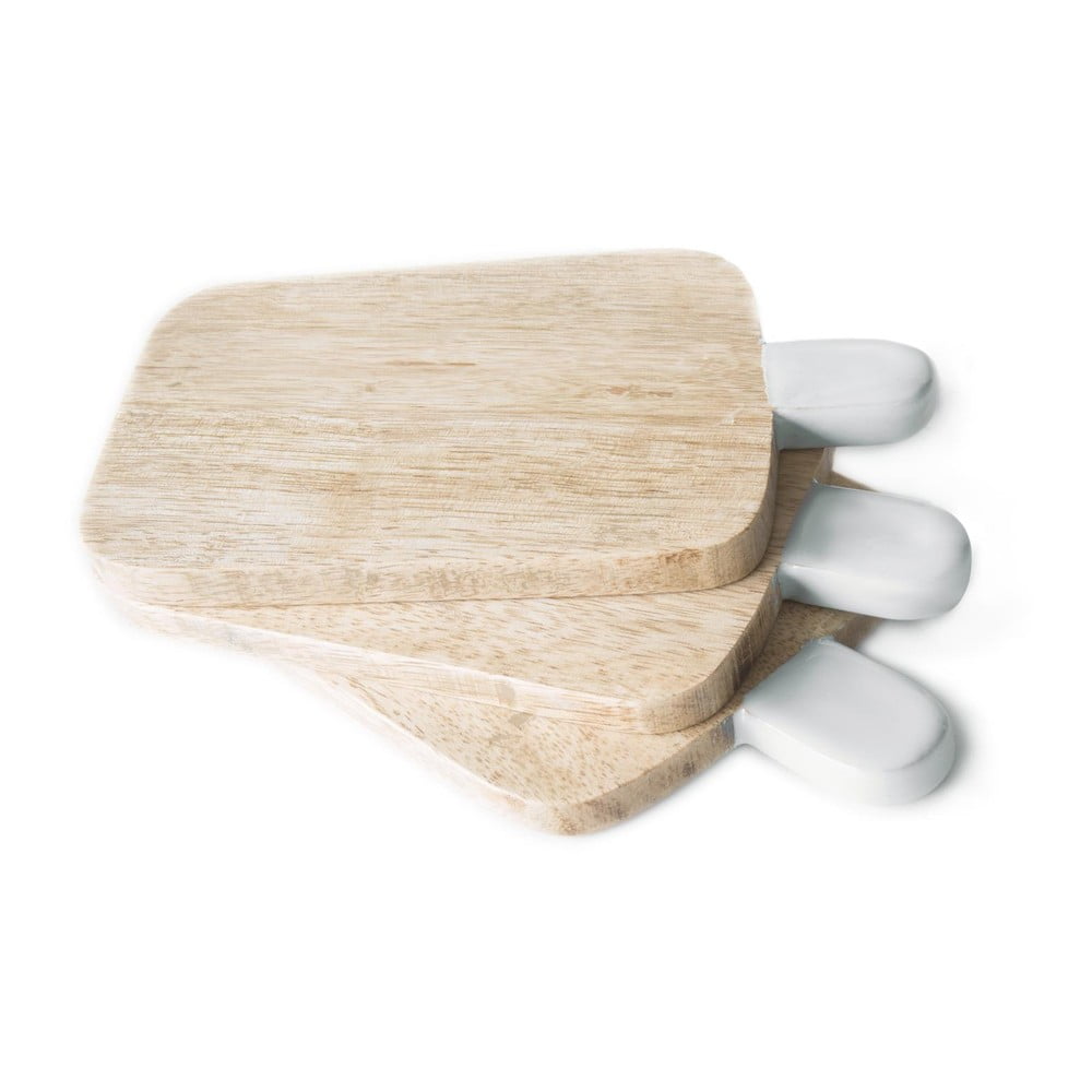 Set 3 dřevěných podtácků s bílou rukojetí v boxu Tierra Bella Coaster, 12 x 14 cm