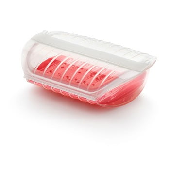 Recipient din silicon cu tavă de gătire la aburi pentru 3- 4 porții lékué steam case, transparent - roșu