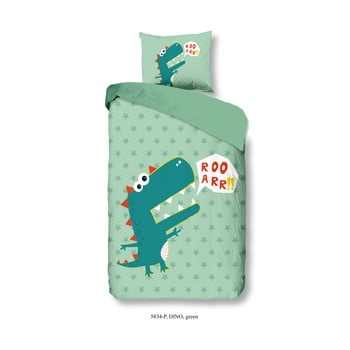 Lenjerie de pat din bumbac pentru copii Good Morning Green Dino, 140 x 200 cm