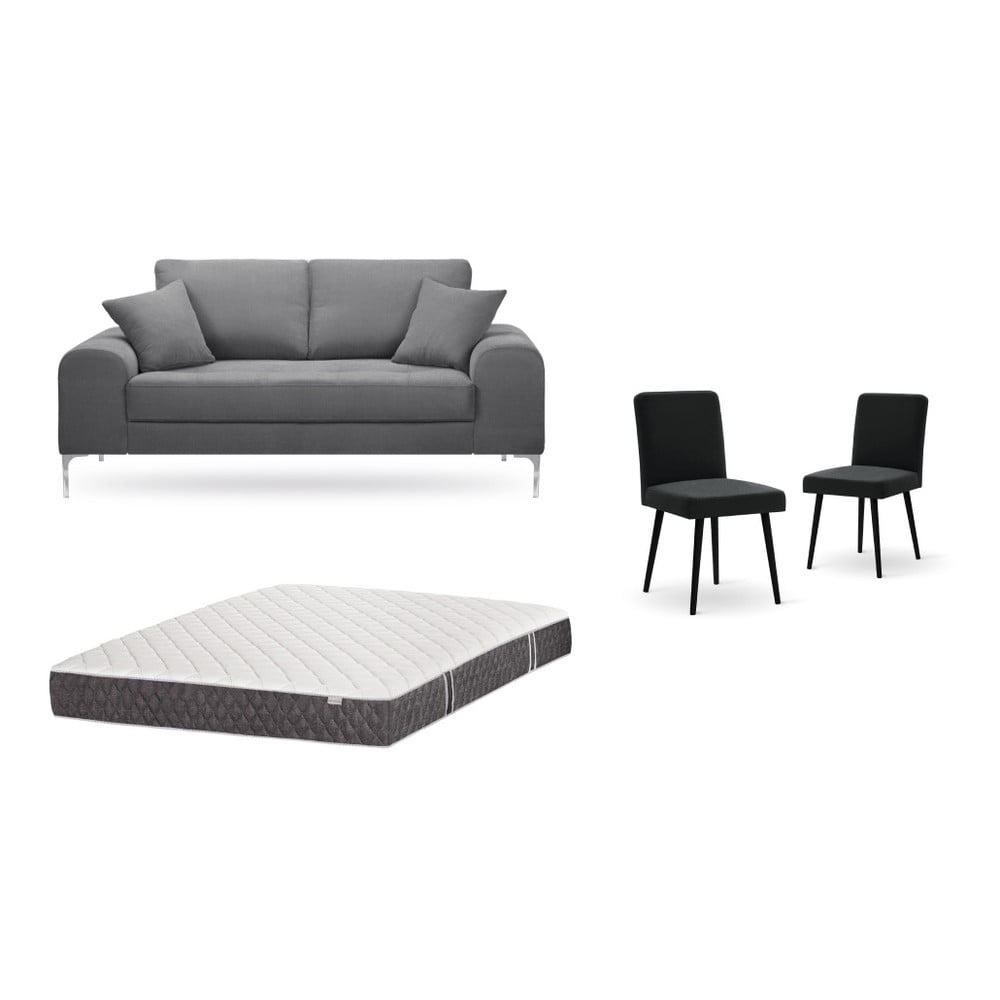 Set dvoumístné šedé pohovky, 2 černých židlí a matrace 140 x 200 cm Home Essentials