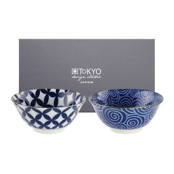 Sada 2 modrých porcelánových misek v dárkovém boxu Tokyo Design Studio Kotobuki Maile