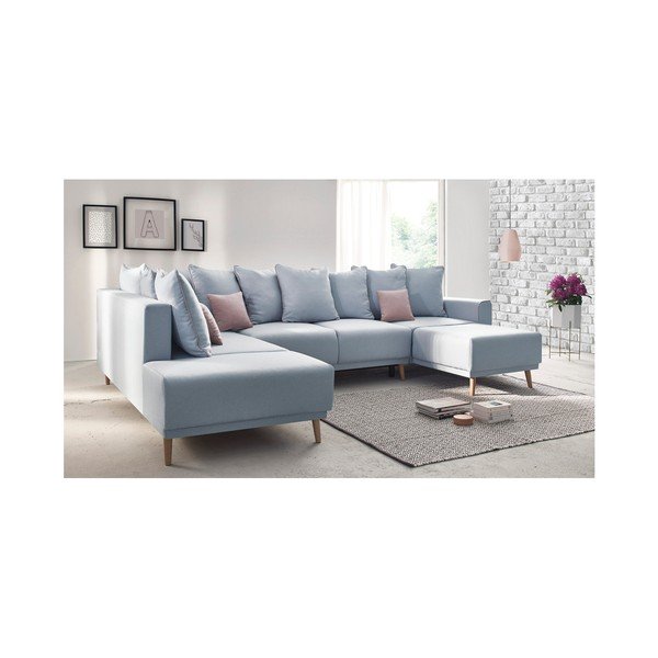 Pastelově modrá rohová rozkládací pohovka s lenoškou Bobochic Paris Panoramique XXL Mola, pravý roh