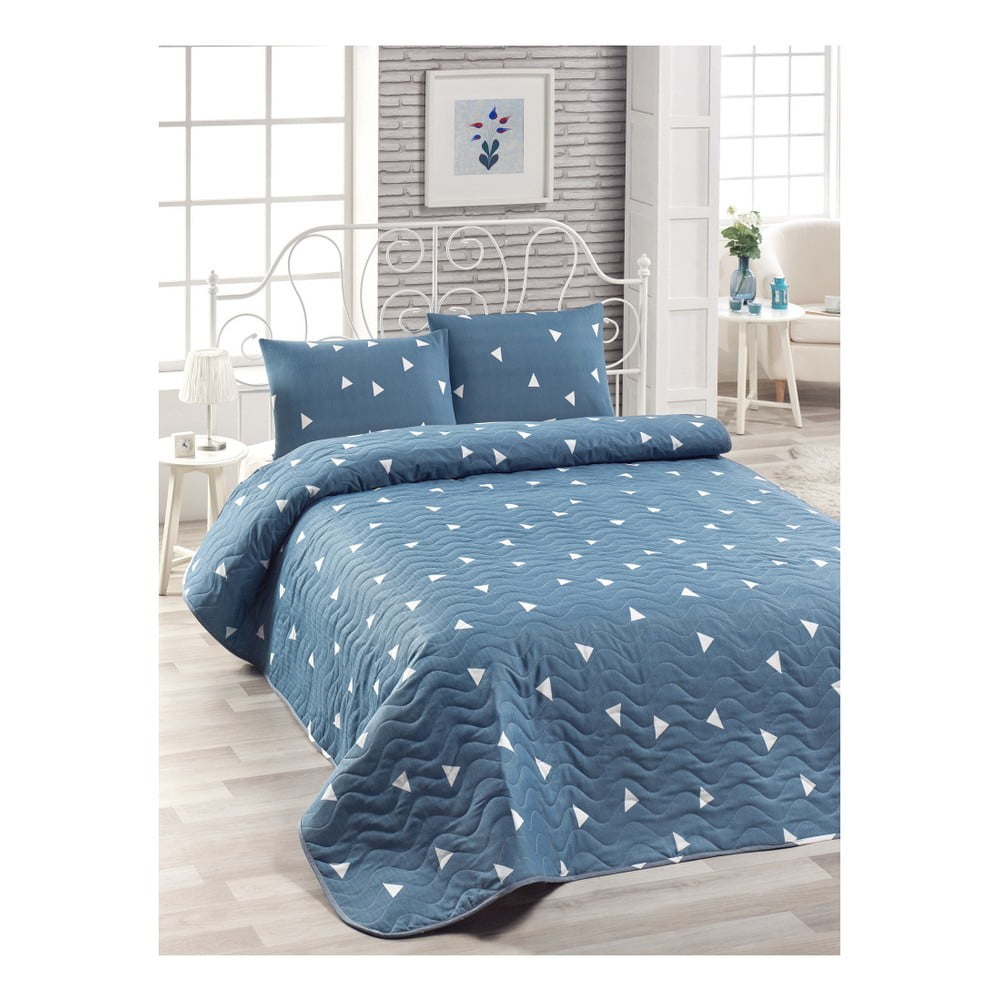 Set modrého přehozu přes postel a povlaku na polštář Mismo Cula, 160 x 220 cm