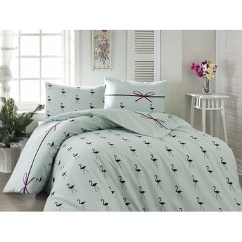 Lenjerie de pat cu cearșaf din bumbac și 2 fețe de perne pentru pat dublu Flamingo Mint, 200 x 220 cm
