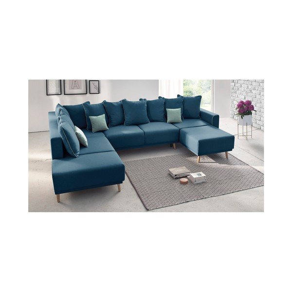 Námořnicky modrá rohová rozkládací pohovka s lenoškou Bobochic Paris Panoramique XXL Mola, pravý roh