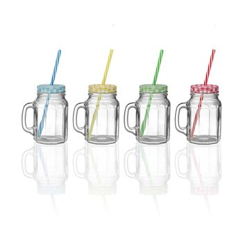 Set 4 borcane din sticlă cu capac și pai versa colorfull