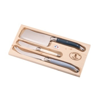 Set 3 cuțite din inox pentru brânzeturi, în cutie de lemn, jean dubost atelier
