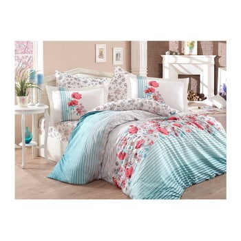 Lenjerie de pat cu cearșaf din bumbac poplin fiesta aqua, 200 x 220 cm