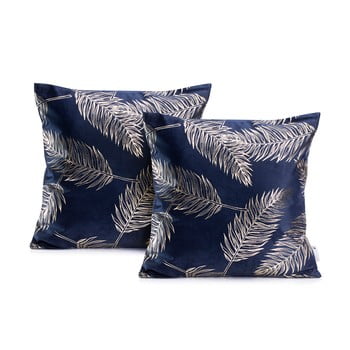 Set 2 fețe de pernă decoking golden leafes dark blue, 45 x 45 cm, albastru închis