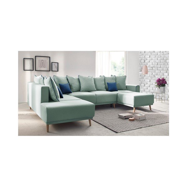 Mátově zelenárohová rozkládací pohovka s lenoškou Bobochic Paris Panoramique XXL Mola, pravý roh