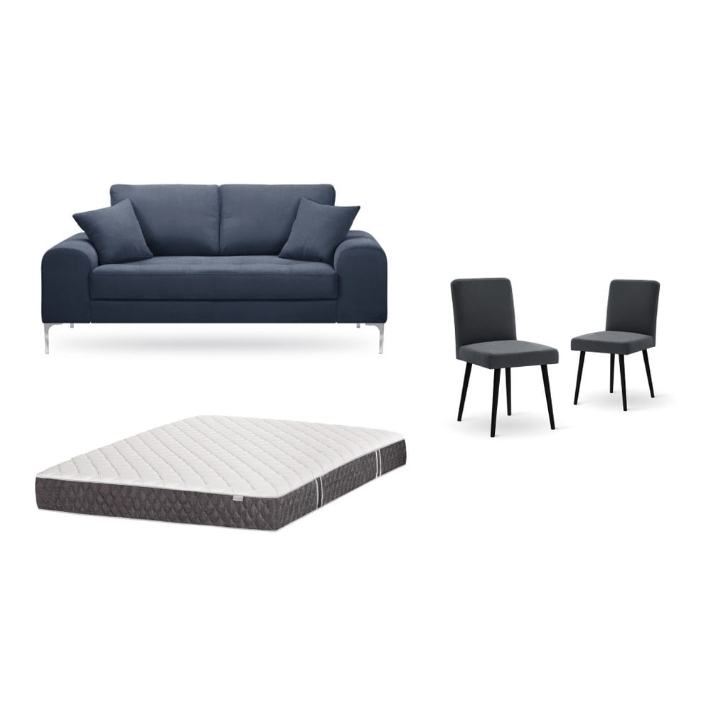 Set dvoumístné tmavě modré pohovky, 2 antracitově šedých židlí a matrace 140 x 200 cm Home Essentials
