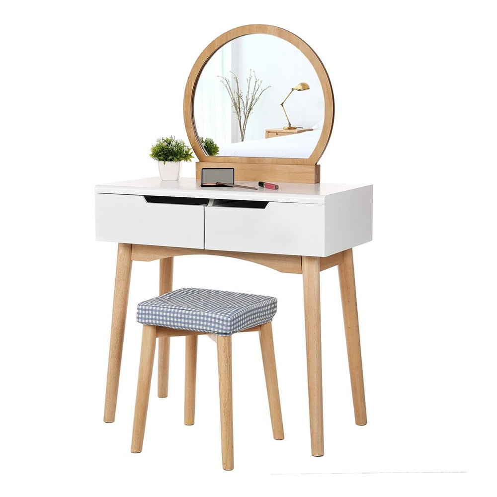Dřevěný toaletní stolek se zrcadlem, stoličkou a dvěma zásuvkami Songmics