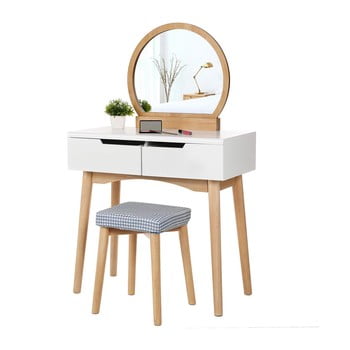 Măsuță de toaletă din lemn cu oglindă, scaun și două sertare Songmics imagine