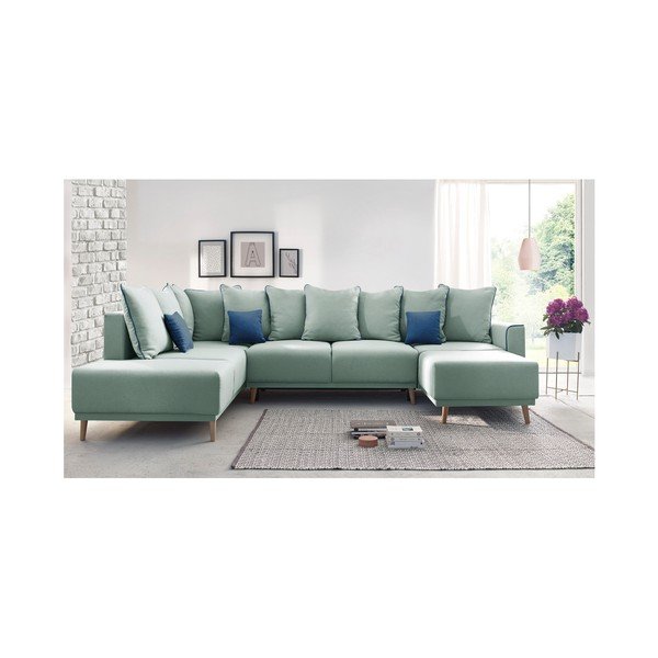 Mátově zelenárohová rozkládací pohovka s lenoškou Bobochic Paris Panoramique XXL Mola, pravý roh