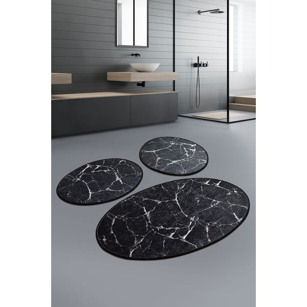 Sada 3 černých oválných koupelnových předložek Foutastic Marble