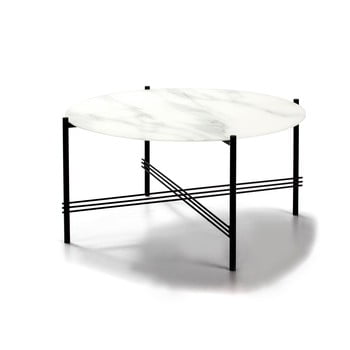 Măsuță de cafea cu blat de sticlă în decor de marmură markeric, ø 84 cm, alb-negru