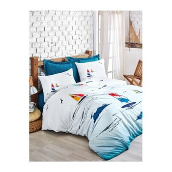 Lenjerie cu cearșaf din bumbac ranforce pentru pat dublu neta blue, 200 x 220 cm