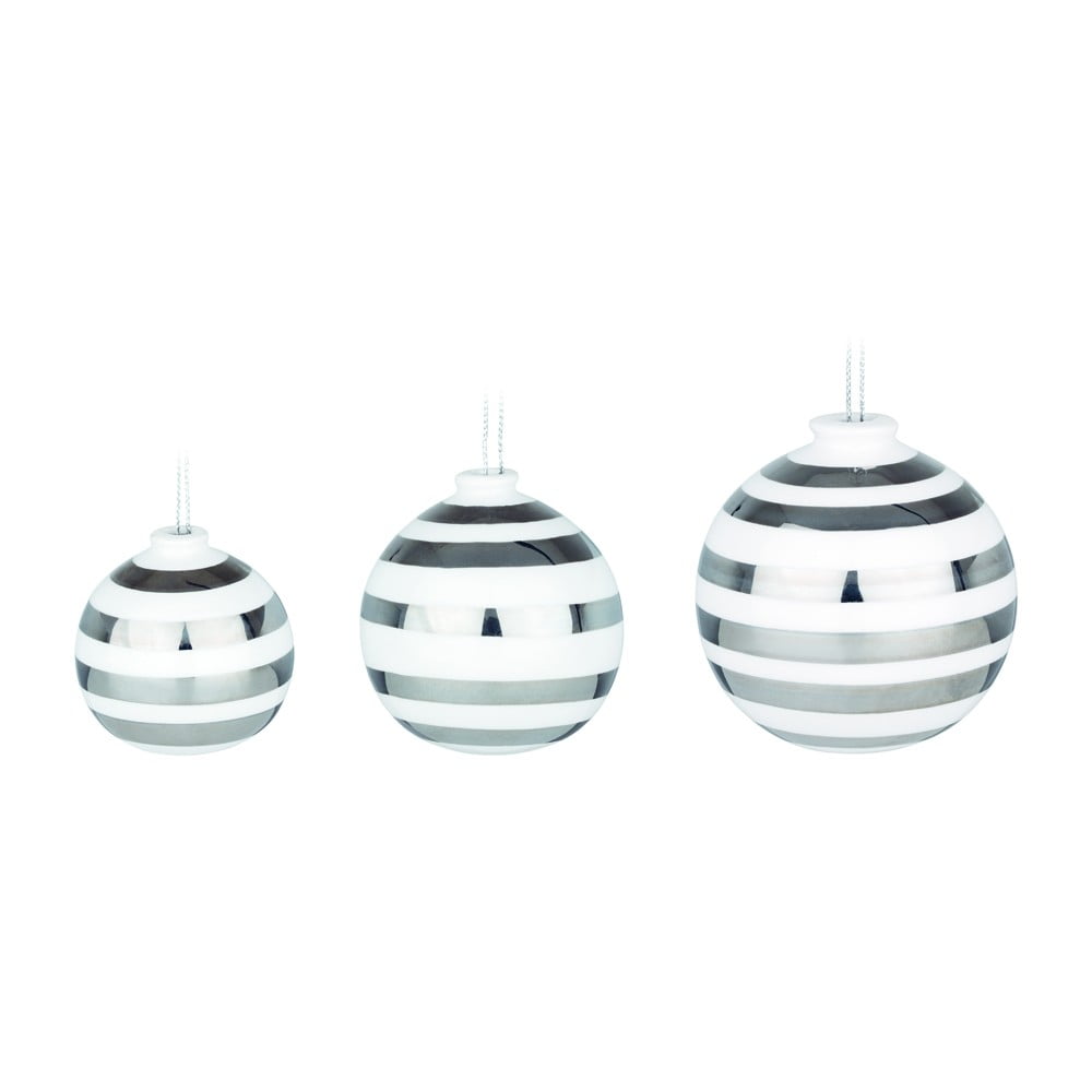 Sada 3 bílých keramických vánočních ozdob na stromeček s detaily ve stříbrné barvě Kähler Design Omaggio