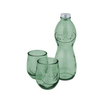 Set 1 sticlă și 2 pahare din sticlă reciclată ego dekor water, verde