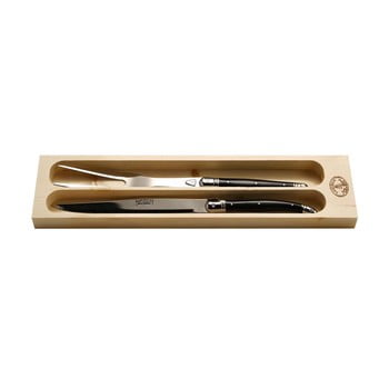 Set cuțit din inox și furculiță pentru porționat friptura în suport din lemn Jean Dubost Carving Black
