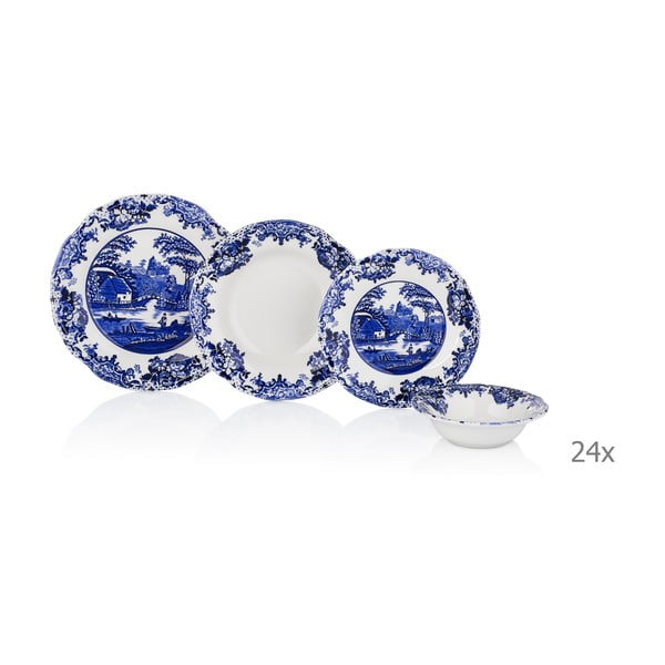 24dílný set bílo-modrého porcelánového nádobí Noble Life Selo