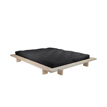 Pat dublu din lemn de pin cu saltea Karup Design Japan Comfort Mat Raw/Black, 160 x 200 cm imagine