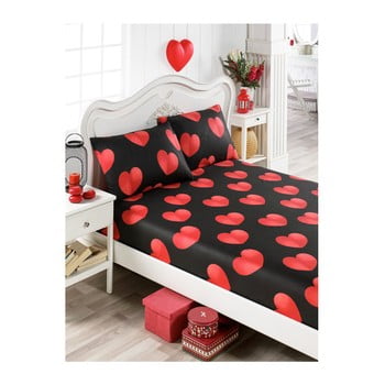 Set cearșaf și 2 fețe de pernă din bumbac mulena duro, 100 x 200 cm, negru - roșu