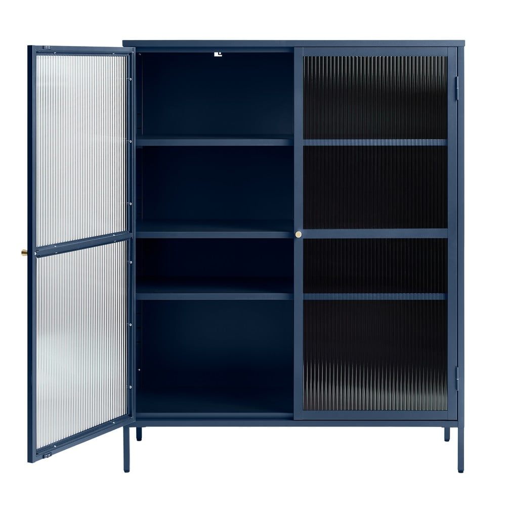 Modrá kovová vitrína Unique Furniture Bronco, výška 140 cm