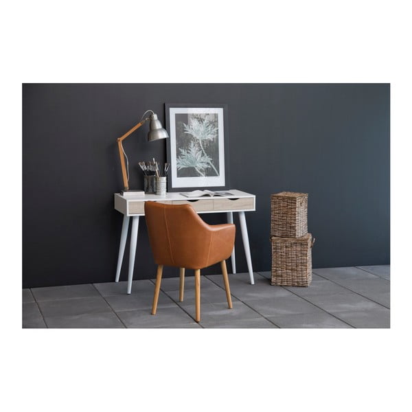 Bílý pracovní stůl se 3 zásuvkami v dekoru dřeva Actona Neptun