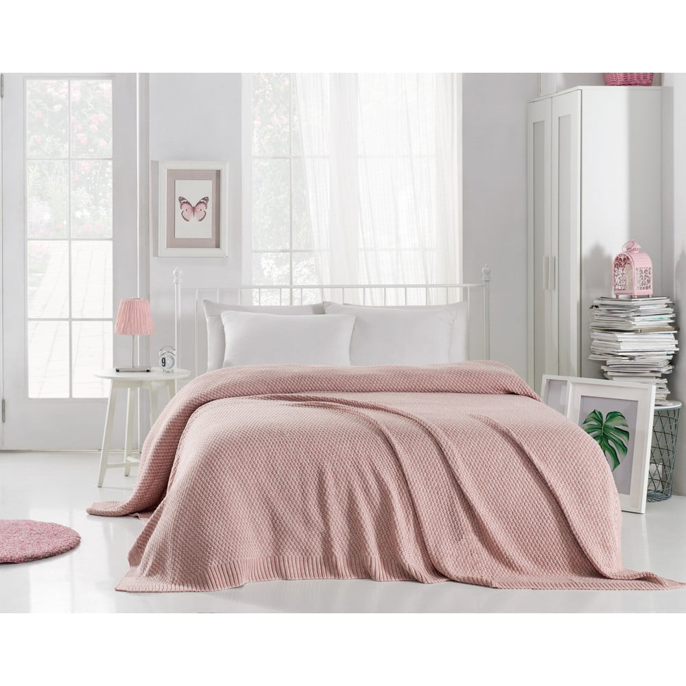 Pudrově růžový přehoz přes postel s příměsí bavlny Homemania Decor Silvi, 220 x 240 cm