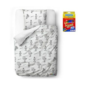 Set lenjerie de pat din bumbac satinat și markere pentru textile Mr. Little Fox Myspulin, 135 x 200 cm, alb