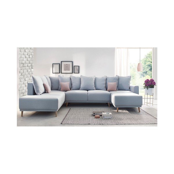 Pastelově modrá rohová rozkládací pohovka s lenoškou Bobochic Paris Panoramique XXL Mola, pravý roh