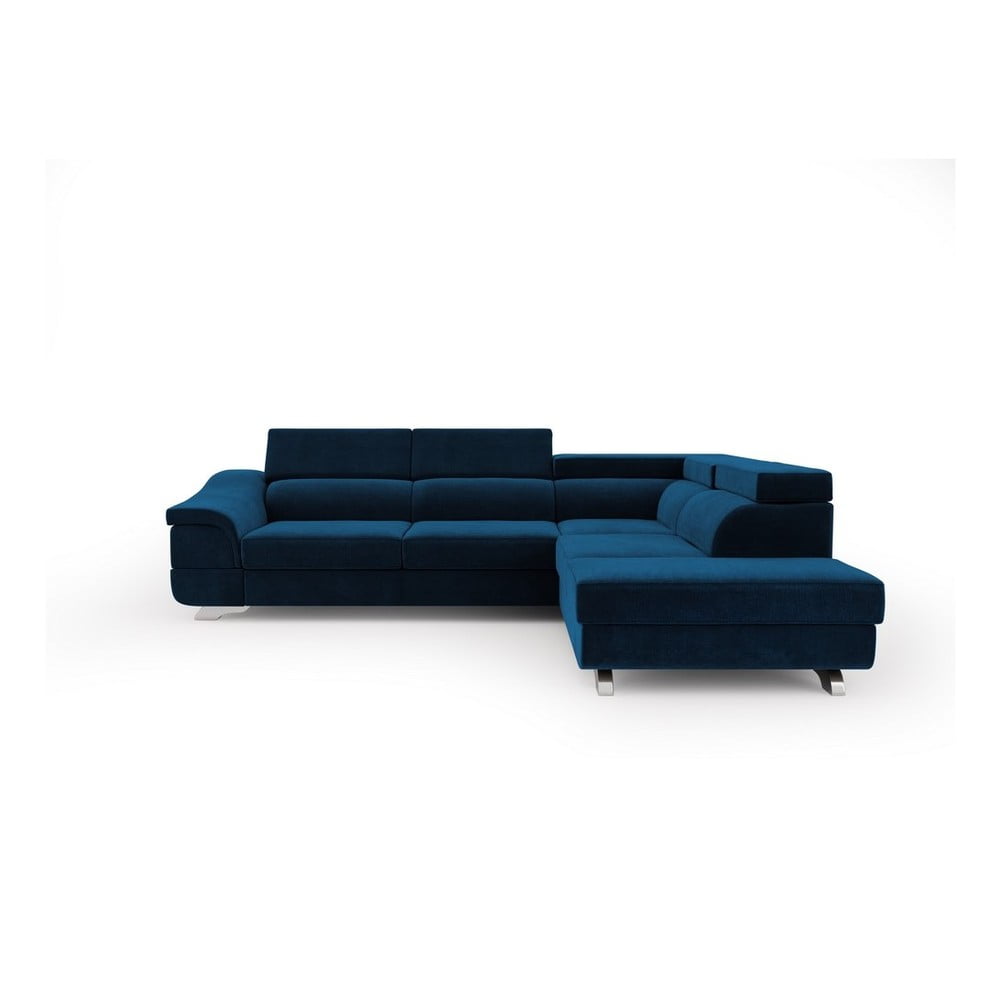 Královsky modrá rozkládací rohová pohovka se sametovým potahem Windsor & Co Sofas Apollon, pravý roh