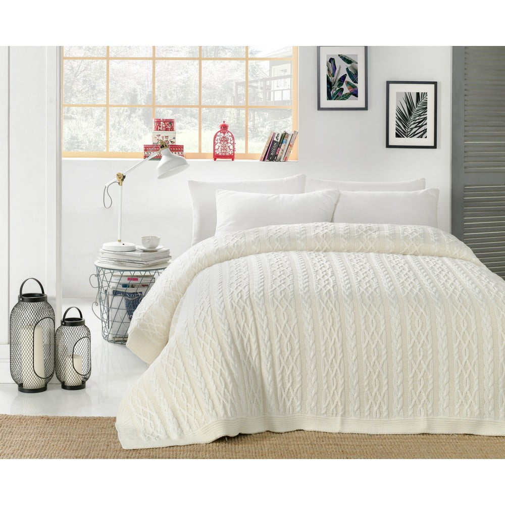 Světle krémový přehoz přes postel s příměsí bavlny Homemania Decor Knit, 220 x 240 cm