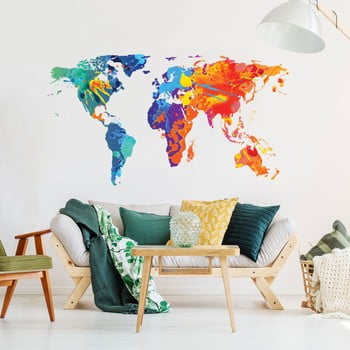 Autocolant de perete Ambiance Worlds Map Design Watercolor, 60 x 105 cm