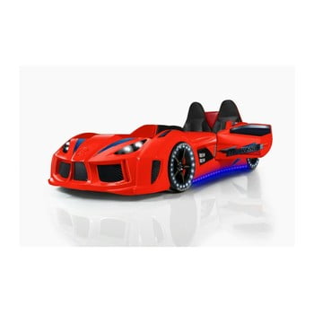 Pat în formă de automobil cu lumini LED pentru copii Racero, 90 x 190 cm, roșu